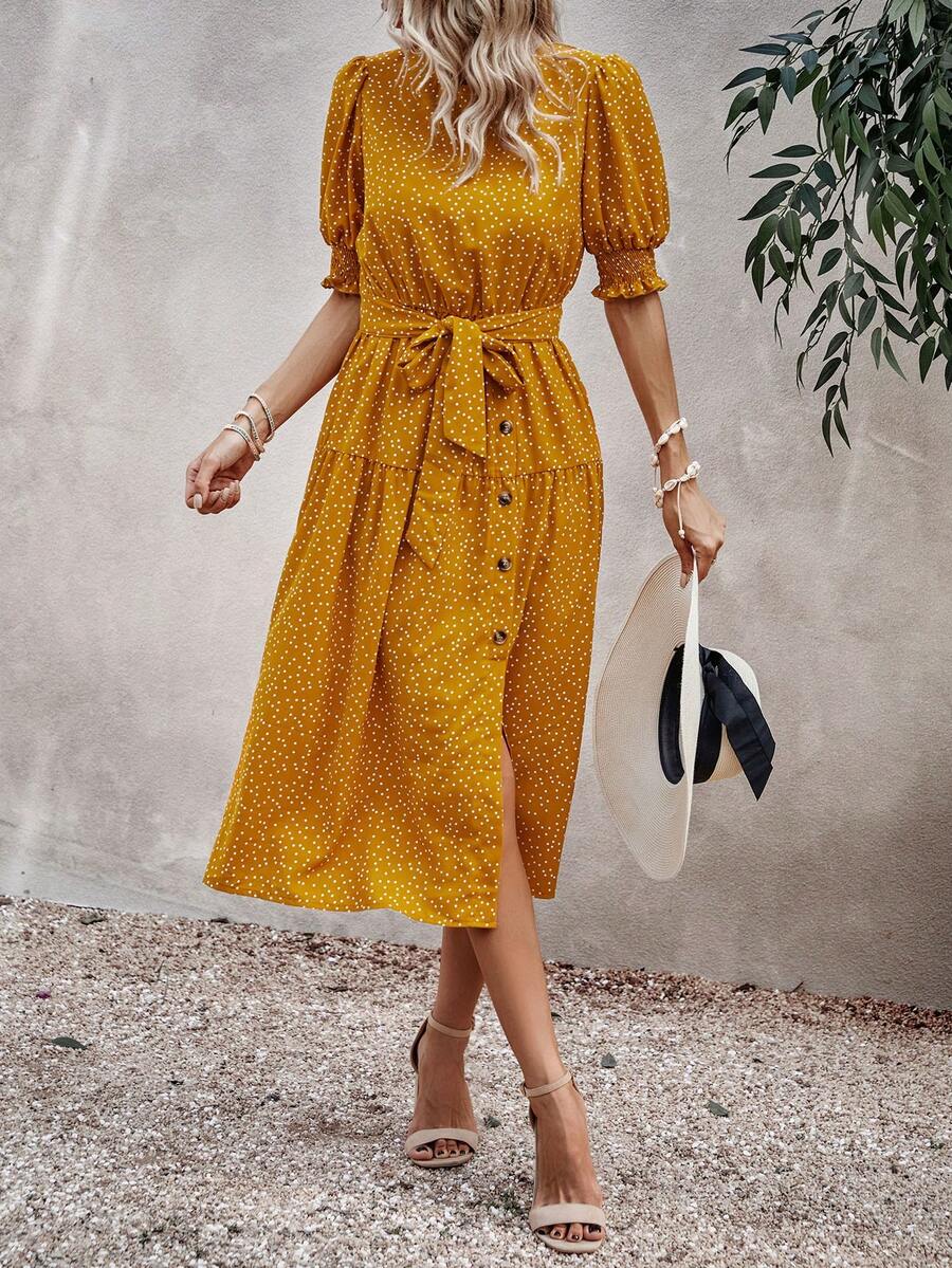 SHEIN LUNE 波點圖案泡泡袖繫腰帶連衣裙 - 黃色 - 查看 1