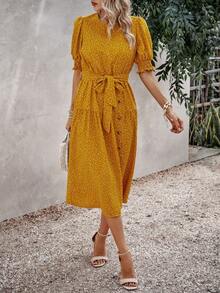 SHEIN LUNE 波點圖案泡泡袖繫腰帶連衣裙 - 黃色 - 查看 3