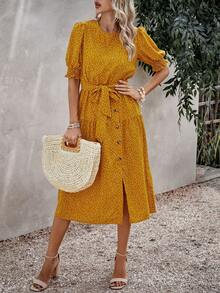 SHEIN LUNE 波點圖案泡泡袖繫腰帶連衣裙 - 黃色 - 查看 4