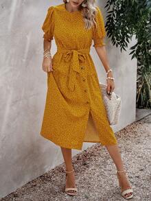 SHEIN LUNE 波點圖案泡泡袖繫腰帶連衣裙 - 黃色 - 查看 5
