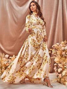 印花鎖眼領高衩伴娘連衣裙 - 黃色 - 查看 5