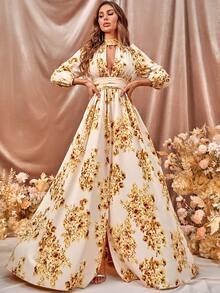 印花鎖眼領高衩伴娘連衣裙 - 黃色 - 查看 6