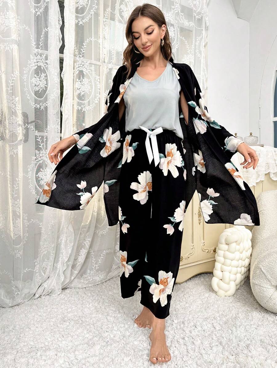 Floral Print Bow Front Robe Set - Black - View 1