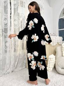 Floral Print Bow Front Robe Set - Black - View 2