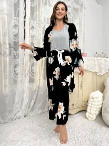 Floral Print Bow Front Robe Set - Black - View 3