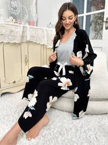 Floral Print Bow Front Robe Set - Black - View 5