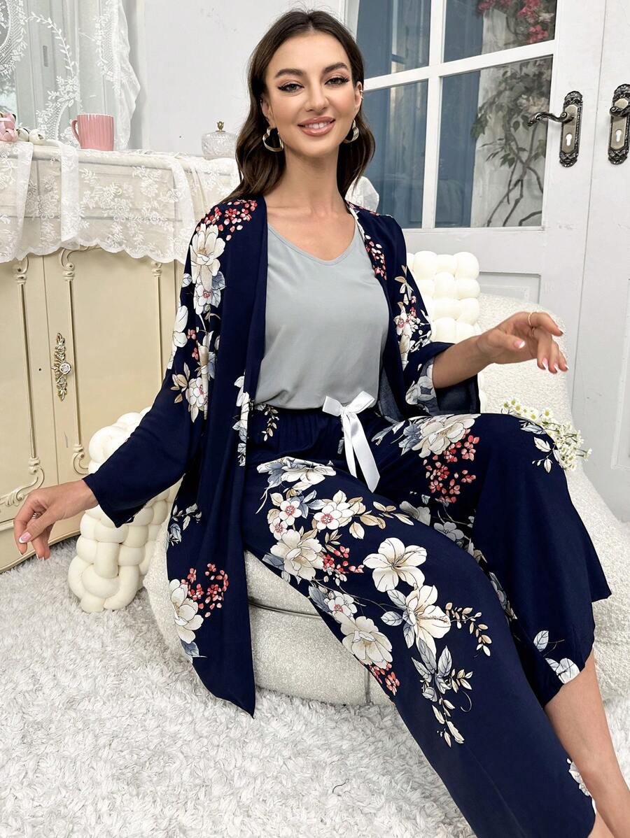 3pcs Floral Print PJ Set - Navy Blue - View 1