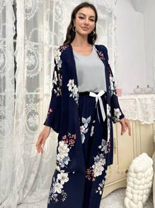 3pcs Floral Print PJ Set - Navy Blue - View 5