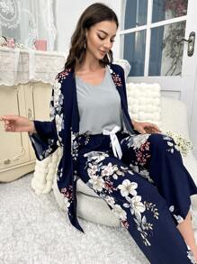 3pcs Floral Print PJ Set - Navy Blue - View 6
