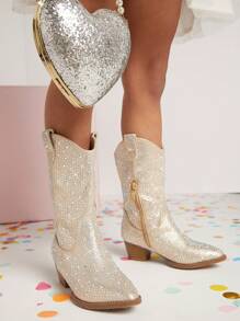 Girls Vegan Leather Mid-Calf Cowboy Boots - Champagne - View 3