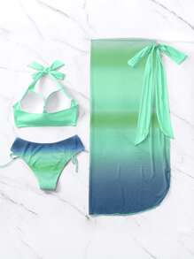 SHEIN Swim 漸層聚攏比基尼泳裝附沙灘裙 - 彩色 - 查看 4