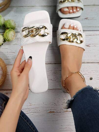 Summer Strap Slide Sandals, Versatile Metal Buckle Square Toe Flat Slippers For Beach & Travel