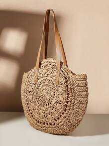 大草編包鏤空雙把手拉鍊度假圓形包 - 卡其色 - 查看 3