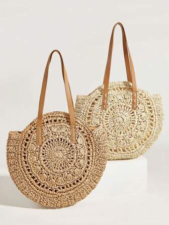 Bolsa de paja grande ahueca hacia fuera la bolsa circular de vacaciones con cremallera de doble asa