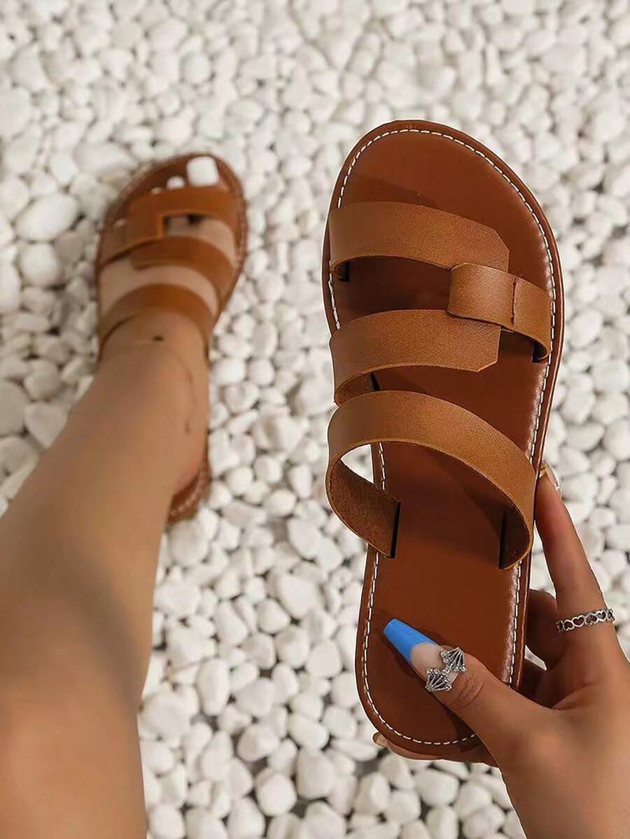 Elegant Slide Sandals For Women, Cut Out Design Flat Sandals - Brown - View 1