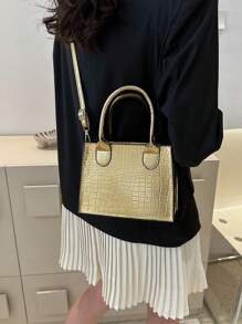 時尚鱷魚紋女式手提包,方形手提包 - 金色 - 查看 3