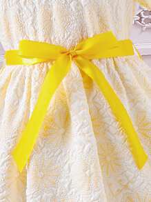 女孩花卉圖案提花彼得潘領泡泡袖繫腰帶洋裝 - 黃色 - 查看 4
