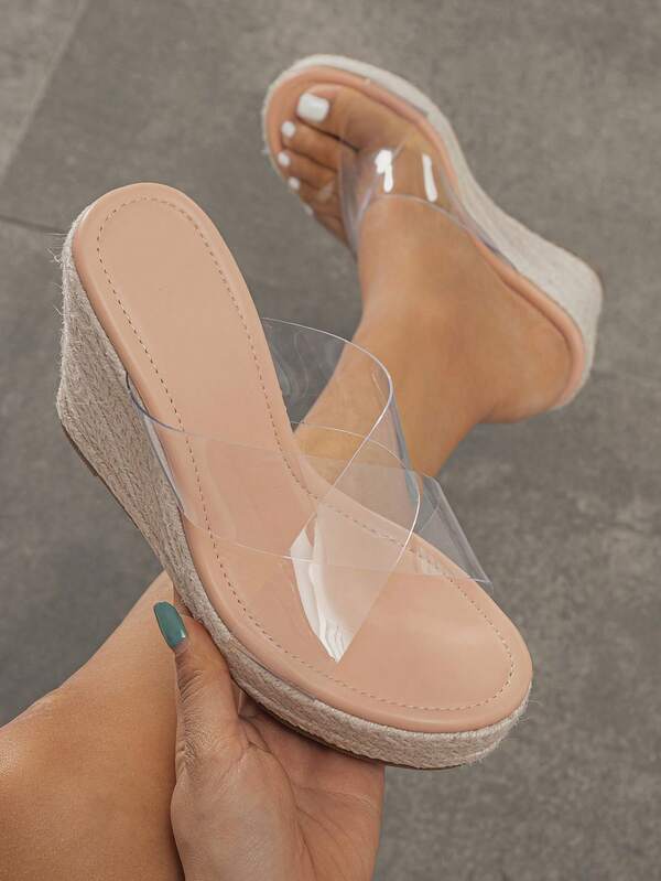 Vacation Wedge Slide Sandals For Women, Clear Cross Strap Espadrille Sandals