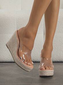 Vacation Wedge Slide Sandals For Women, Clear Cross Strap Espadrille Sandals