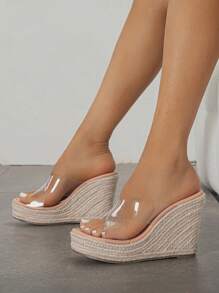 Vacation Wedge Slide Sandals For Women, Clear Cross Strap Espadrille Sandals