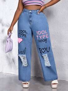 SHEIN EZwear Jeans desgarro de pierna ancha con estampado de corazón y slogan - Lavado ligero - Ver 1