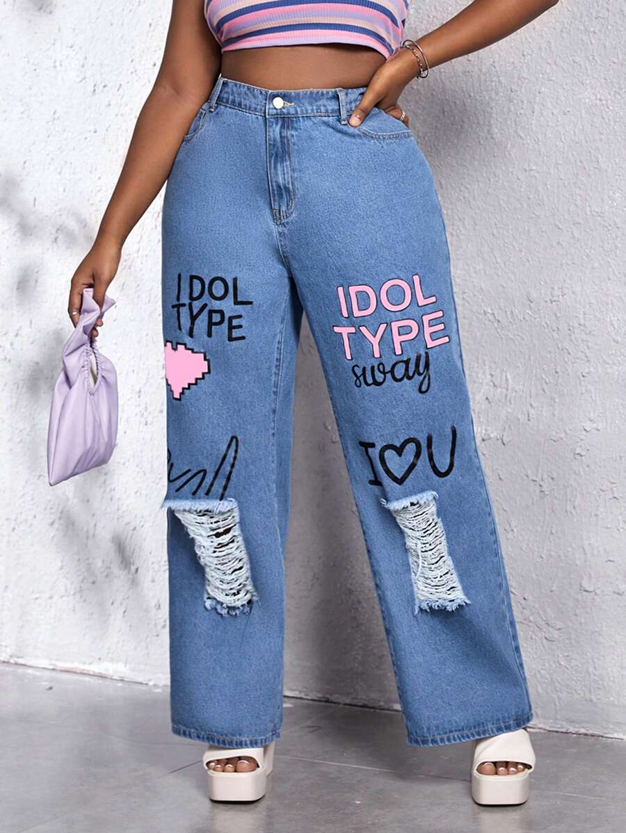 SHEIN EZwear Jeans desgarro de pierna ancha con estampado de corazón y slogan - Lavado ligero - Ver 1