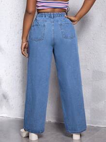 SHEIN EZwear Jeans desgarro de pierna ancha con estampado de corazón y slogan - Lavado ligero - Ver 2