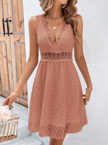 SHEIN Frenchy Đầm Tương phản ren Ren lên Viên lá sen Trọn gói màu trơn Boho - Bụi hồng - Xem 6
