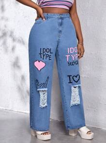 SHEIN EZwear Jeans desgarro de pierna ancha con estampado de corazón y slogan - Lavado ligero - Ver 3