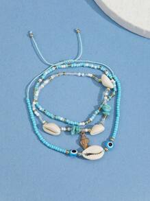 3pcs/set Fashion Conch Charm Shell & Turquoise Decor Beaded Anklet For Women For Daily Decoration - Turquoise - View 2