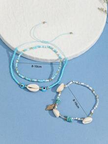 3pcs/set Fashion Conch Charm Shell & Turquoise Decor Beaded Anklet For Women For Daily Decoration - Turquoise - View 3