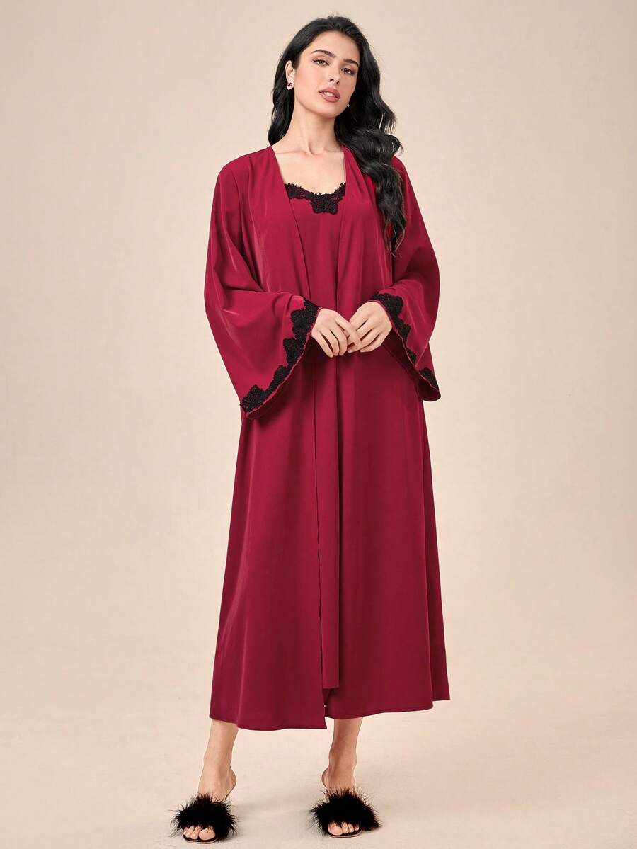 SHEIN Unity Lace Trim Flounce Sleeve Robe & Cami Dress PJ Set - Burgundy - View 1