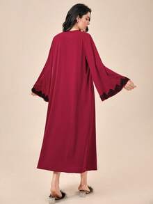 SHEIN Unity Lace Trim Flounce Sleeve Robe & Cami Dress PJ Set - Burgundy - View 2