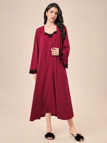 SHEIN Unity Lace Trim Flounce Sleeve Robe & Cami Dress PJ Set - Burgundy - View 3