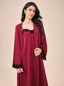 SHEIN Unity Lace Trim Flounce Sleeve Robe & Cami Dress PJ Set - Burgundy - View 4