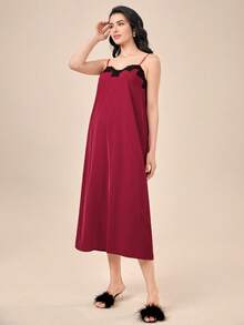 SHEIN Unity Lace Trim Flounce Sleeve Robe & Cami Dress PJ Set - Burgundy - View 5