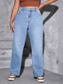 SHEIN EZwear 大碼高腰直筒牛仔褲 - 淺色水洗藍 - 查看 1