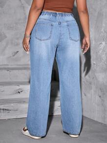 SHEIN EZwear 大碼高腰直筒牛仔褲 - 淺色水洗藍 - 查看 2