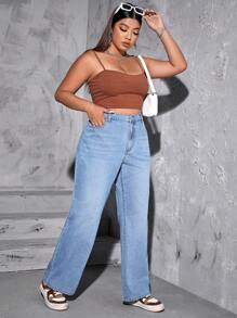 SHEIN EZwear 大碼高腰直筒牛仔褲 - 淺色水洗藍 - 查看 4