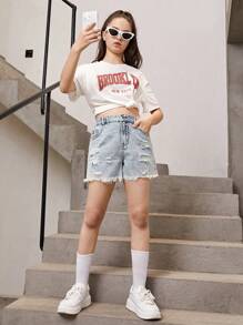 SHEIN 青少年女孩破洞毛邊牛仔短褲 - 淺色水洗藍 - 查看 3