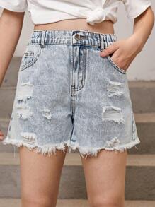 SHEIN 青少年女孩破洞毛邊牛仔短褲 - 淺色水洗藍 - 查看 1