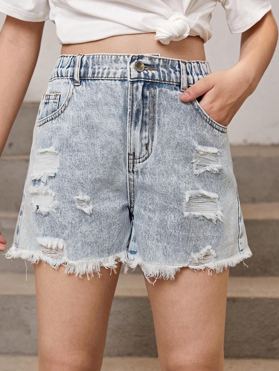 SHEIN 青少年女孩破洞毛邊牛仔短褲 - 淺色水洗藍 - 查看 1
