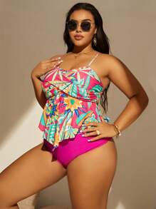 SHEIN Plus Size Floral Print Ruffle Hem Tankini Summer Beach - Multicolor - View 5