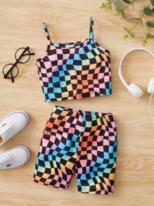 SHEIN Niñas con estampado de cuadros Top de tirantes & Shorts biker - Multicolor - Ver 1