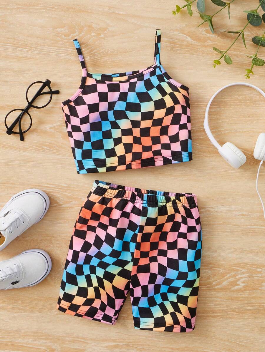 SHEIN Niñas con estampado de cuadros Top de tirantes & Shorts biker - Multicolor - Ver 1