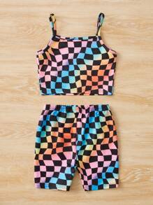 SHEIN Niñas con estampado de cuadros Top de tirantes & Shorts biker - Multicolor - Ver 2