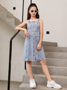 SHEIN Teen Girls Button Front Denim Dress - Light Wash - View 4