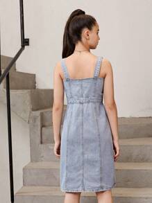 SHEIN Teen Girls Button Front Denim Dress - Light Wash - View 2