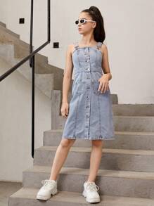 SHEIN Teen Girls Button Front Denim Dress - Light Wash - View 5
