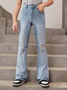 Teen Girl Ripped Flare Leg Jeans - Light Wash - View 3